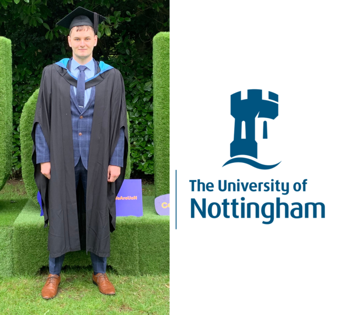 Picture of William Pettitt graduating from University of Nottingham and the university logo